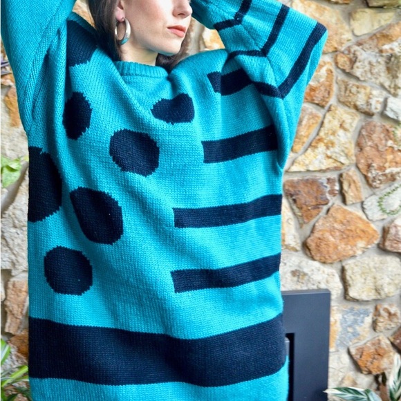 Vintage 80's Turquoise Green Abstract Pop Art Short Oversized Sweater Dress - Picture 4 of 6